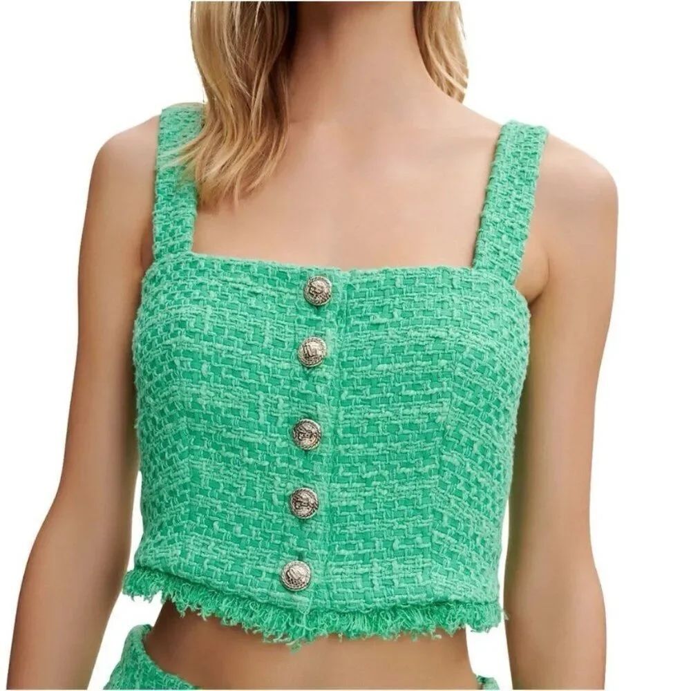 Maje Livete Fringe Trim Tweed Crop Tank Top Solid Green 3 8 Medium